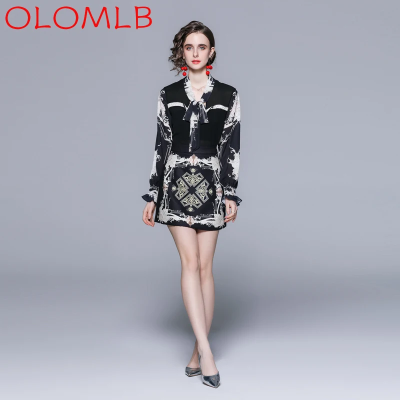 OLOMLB 2022 Ретро принт рубашка юбка тонкий модный костюм женская одежда для ночного