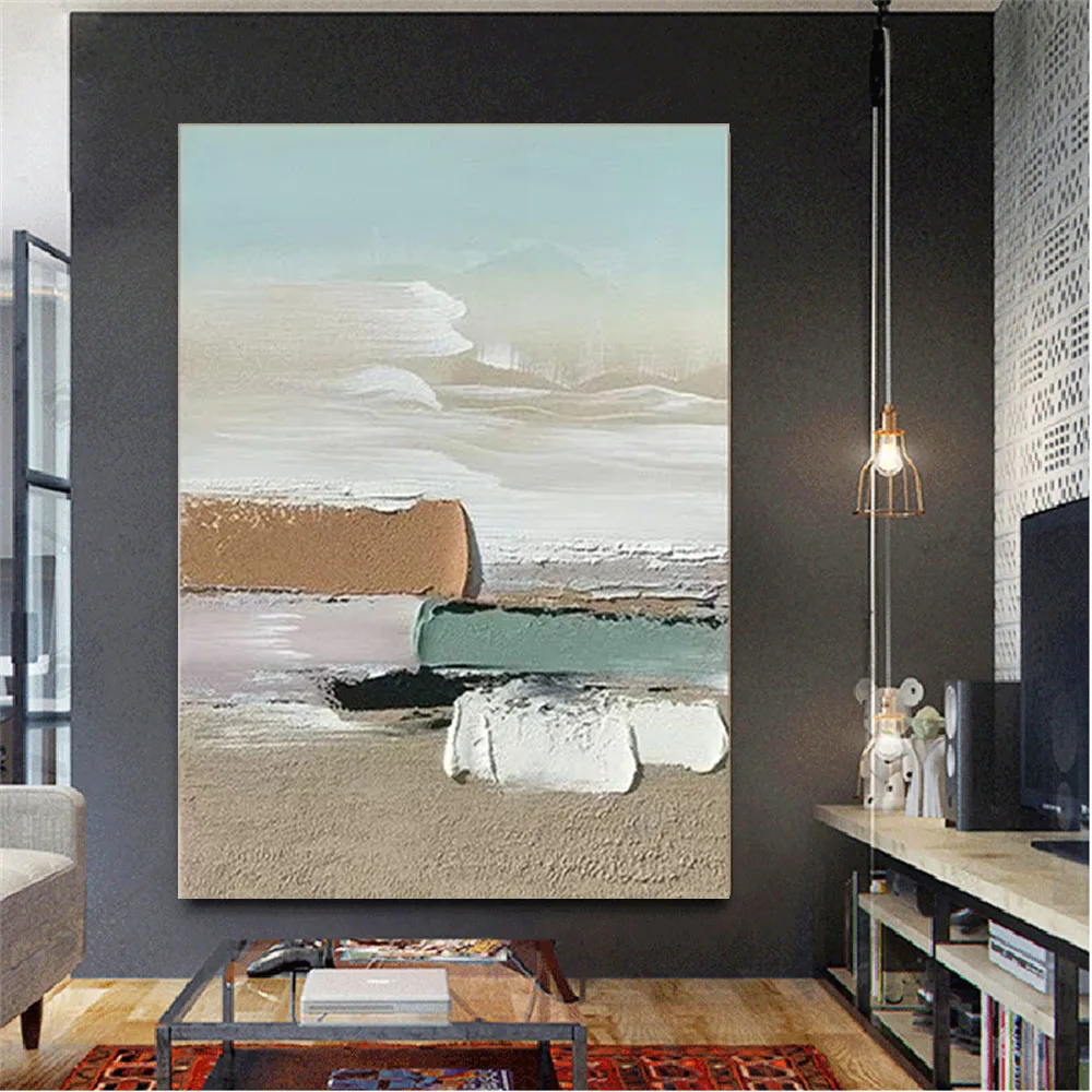 

Large Size Hand-Painted Knifework Texture Color Block Coastal Landscape Abstract Canvas Oil Painting Art Wall Home Decoration