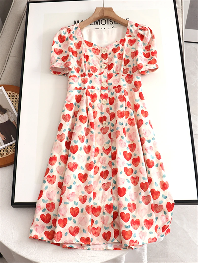 

Women Summer A-Line Midi Dress 2023 Fashion Casual Elegant Party Dresses Vestidos Female Love Print V-Neck Dresses High Street