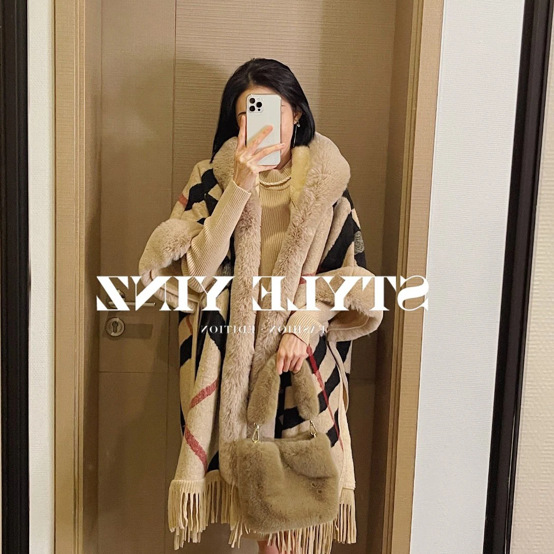 ZJZLL Новая модная черная Клетчатая Шерстяная накидка с меховым воротником