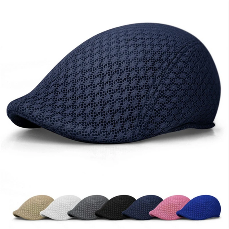 

Summer Men Women Sun Mesh Beret Cap Unisex Newsboy Golf Cabbie Flat Peaked Hat Casquette Breathable Berets KH986229