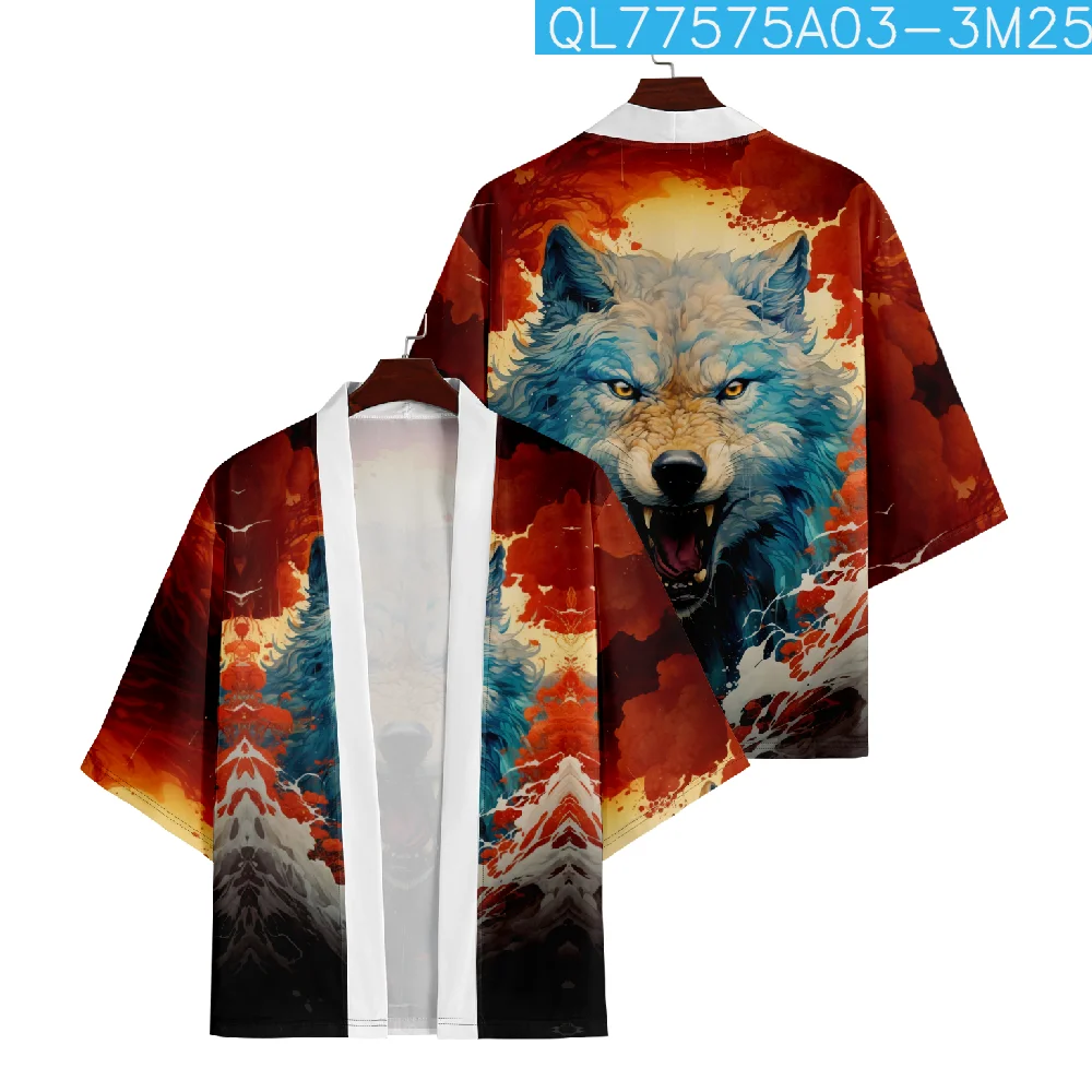 Пляжная юката с принтом волка для женщин и мужчин японское кимоно в стиле