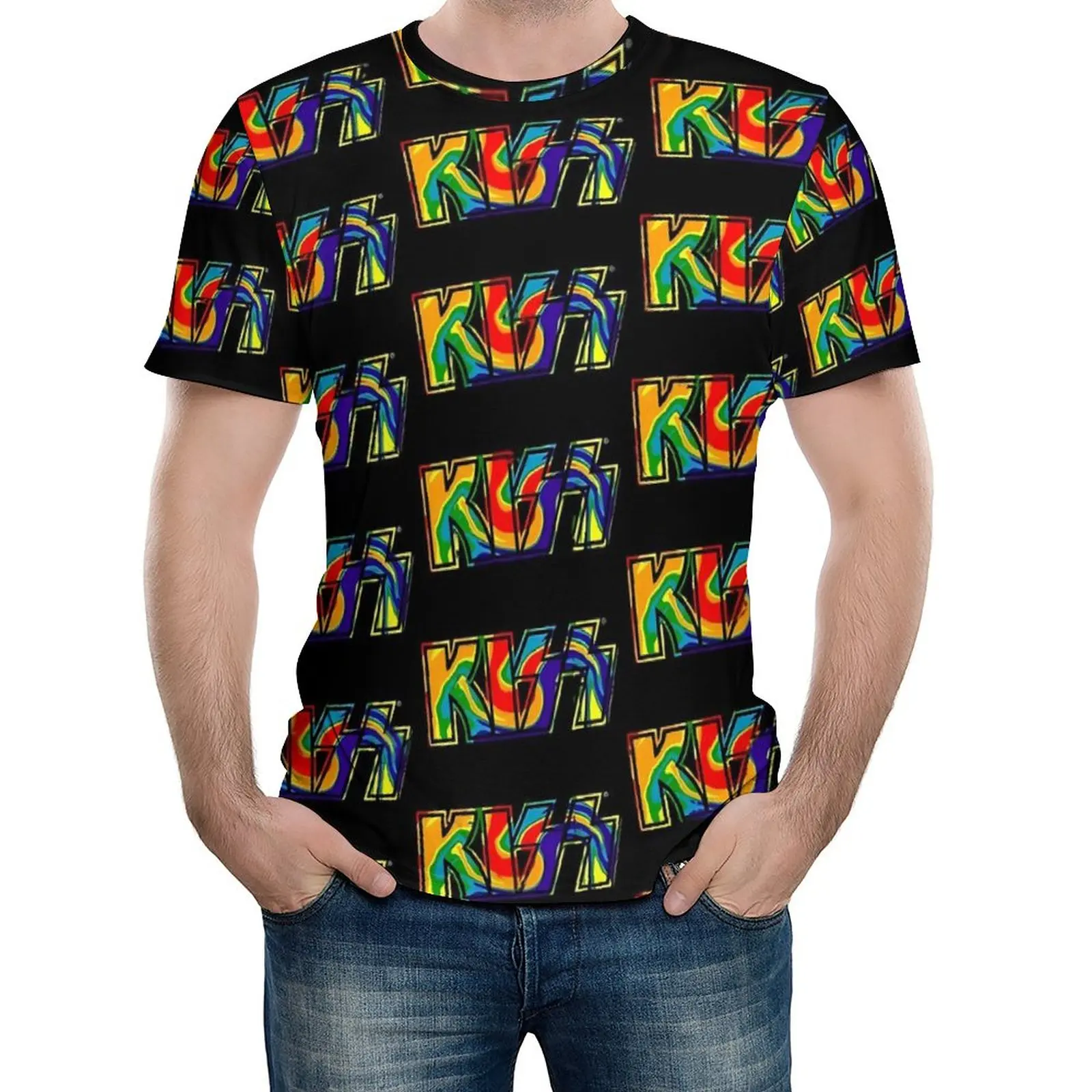 

Kiss Band T Shirt Man Rainbow Tie-Dye Funny T-Shirts Beach Cool Tees Short Sleeve Printed Plus Size Tops