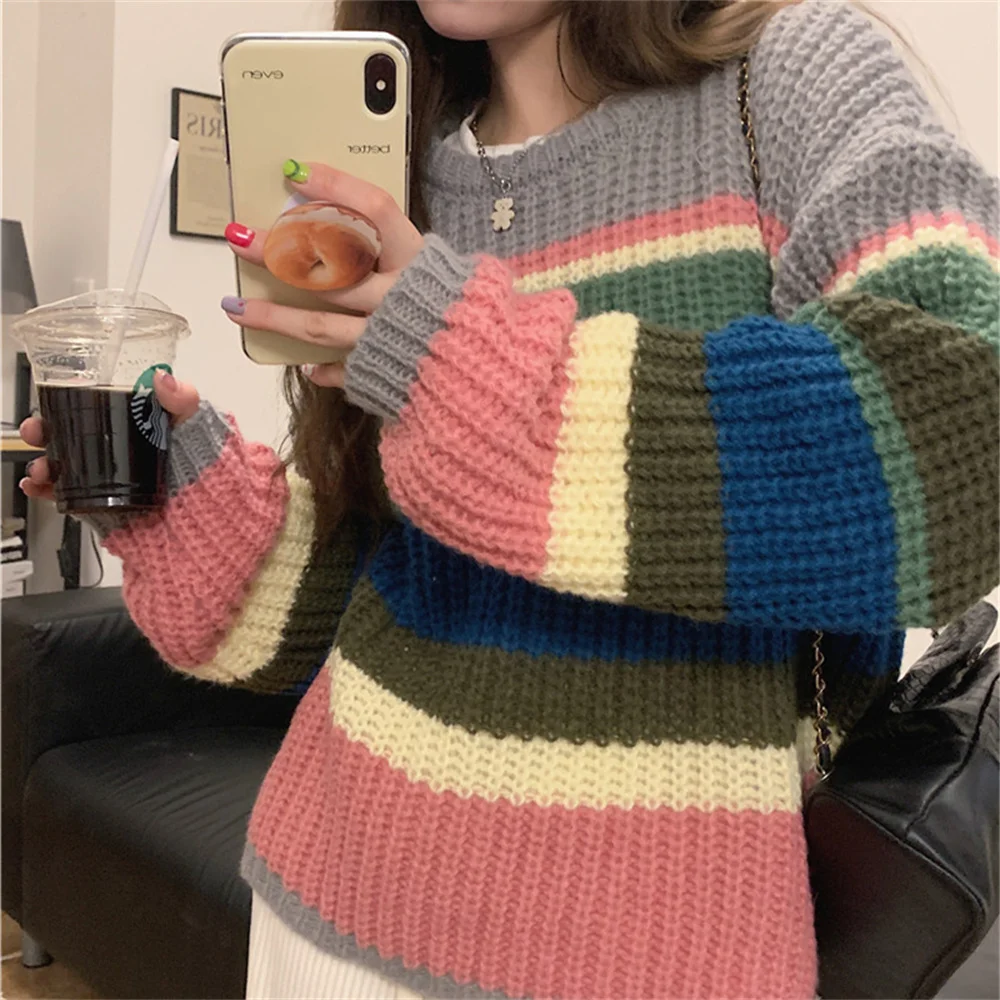 

Пуловеры Alien Kitty в радужную полоску, свитеры, горячие женские вязаные свободные милые шикарные подходящие ко всему офисные женские зимние теплые