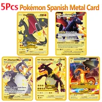 5pcs spanish pokemon metal cards display cartoon pok%c3%a9mon charizard pikachu playing game vmax v collection gold card kid gift toy