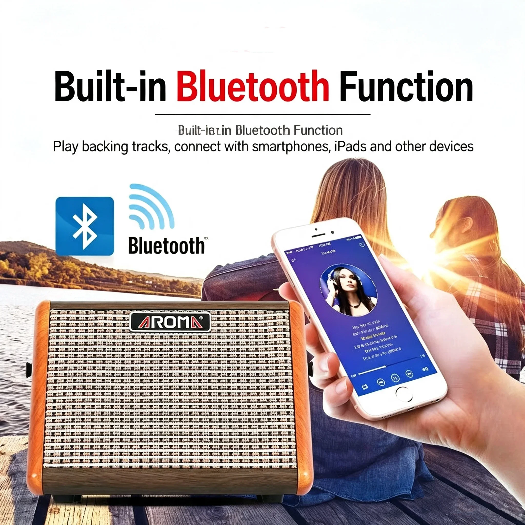 Фото Портативный усилитель для гитары 15 Вт с Bluetooth-колонкой, двойным входом для микрофона, для фолк-музыки и пения на открытом воздухе, модель AG-15A №5