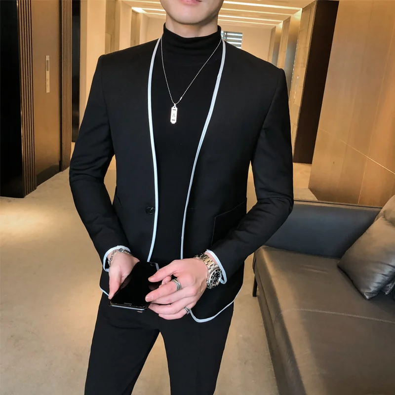 European Man's Hit Color Split Joint Suit Black Blazer Casual Chaquetas Hombre De Vestir Stage Costumes For Singers