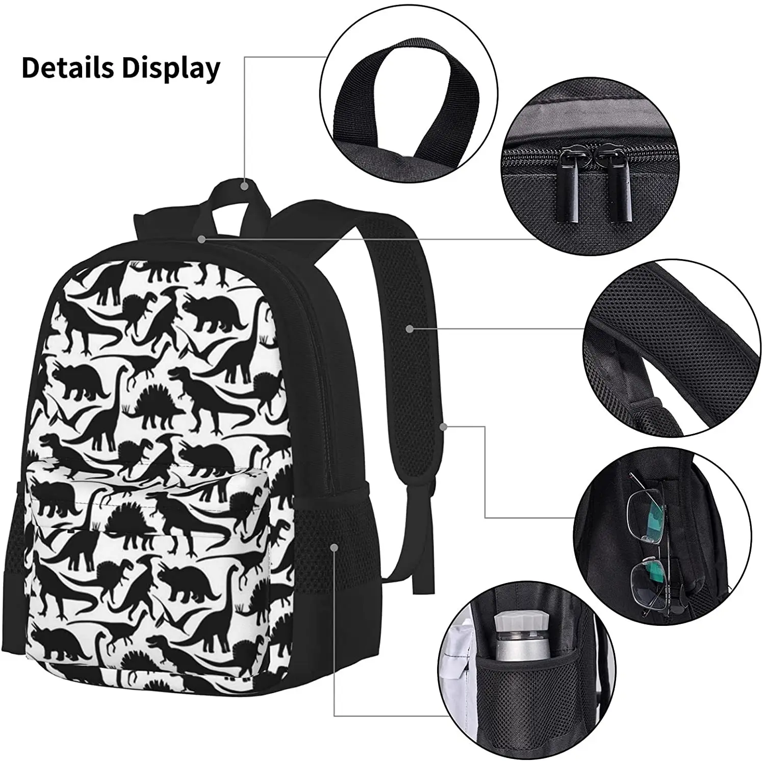 Dinosaur Friends Black Backpack Set 3-Piece Teen Boys Girls Backpack Messenger Lunch Bag Pencil Case Set