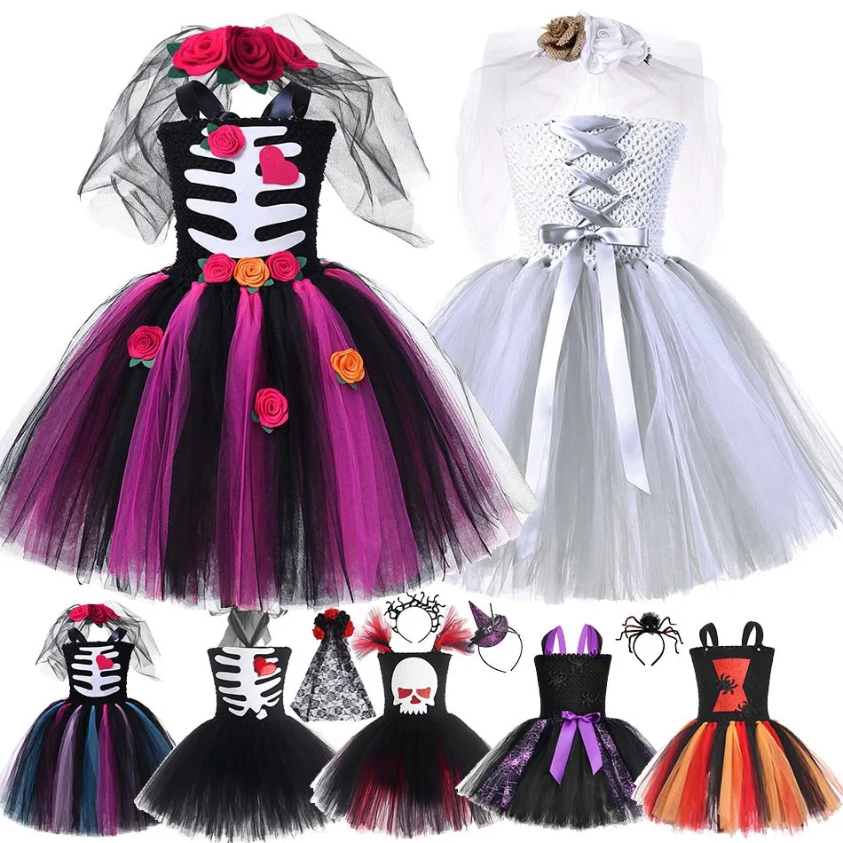 Girls Phantom Bride Costume Children Party Clothes Baby Bat Spider Tutu Dress Kids Halloween Fairytale Skeleton Cosplay Outfits 