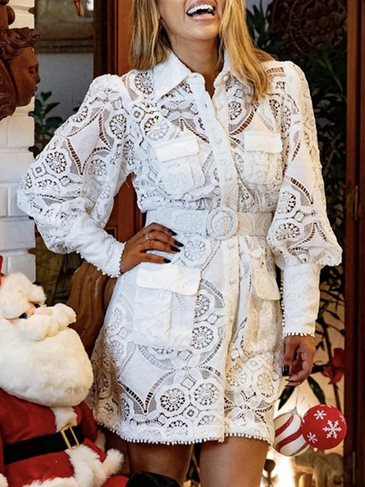 

Women Lace Hollow Out Mini Dress White or Yellow Long Sleeve Ladies Single Breasted Short Dress with Sashes and Pocket