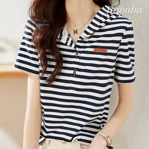 

여성 라벨포인트 스트라이프 반팔 후드티