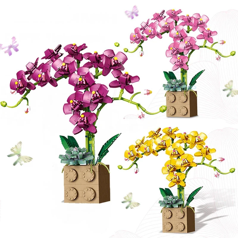 Pembe yapı taşı çiçek orkide serisi Bonsai kız oyuncak çiçekler için yetişkin çiçek düzenleme montaj oyuncakları hediyeler dekor