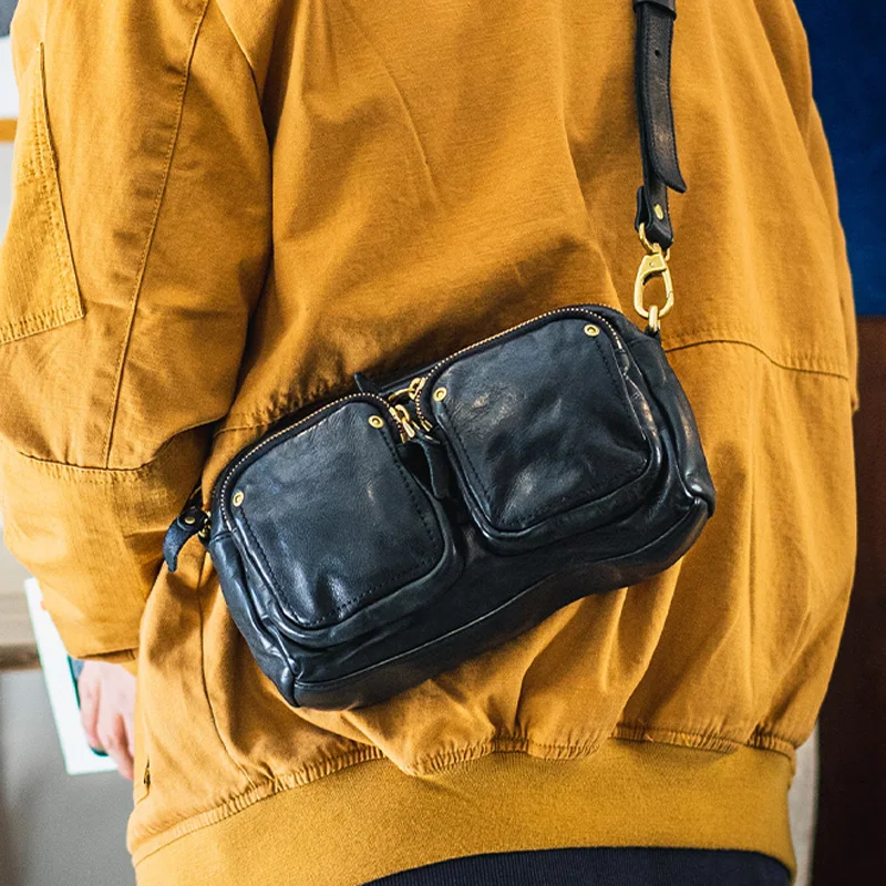 

AETOO Leather chest bag men's summer mobile phone bag multifunctional small bag cowhide Fanny pack one shoulder cross-body slin