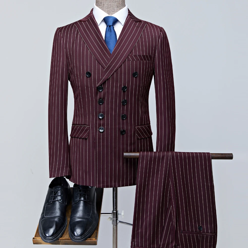 2 Pieces Vintage Double Breasted Suit Black Red Stripe Terno Slim Fit Large Lapels Wedding Groom Tuxedo Tailcoat Men