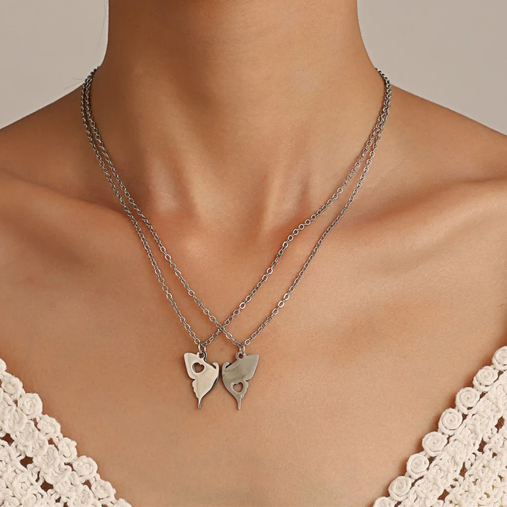 

2Pcs/Set Fashion Stainless Steel Butterfly Friendship Necklace For Women Friend Silver Color Heart Pendant Party Jewelry