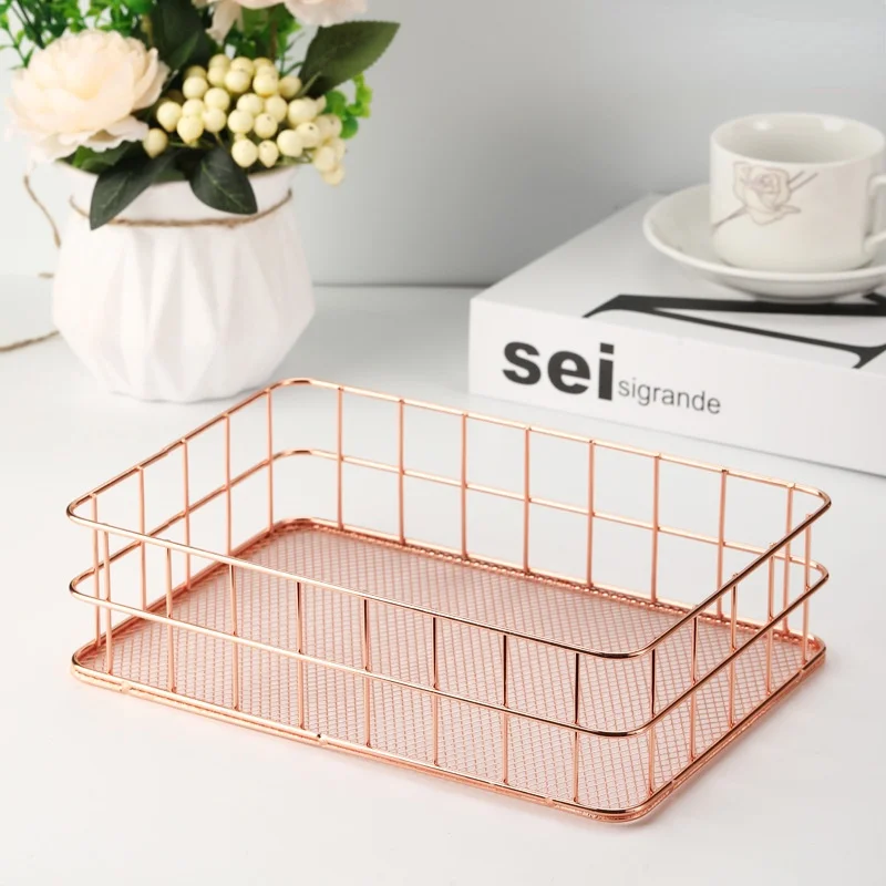 

Home Iron Art Storage Basket Dormitory Storage Office Desktop Cosmetic Snacks Organizing Storage Storage Basket