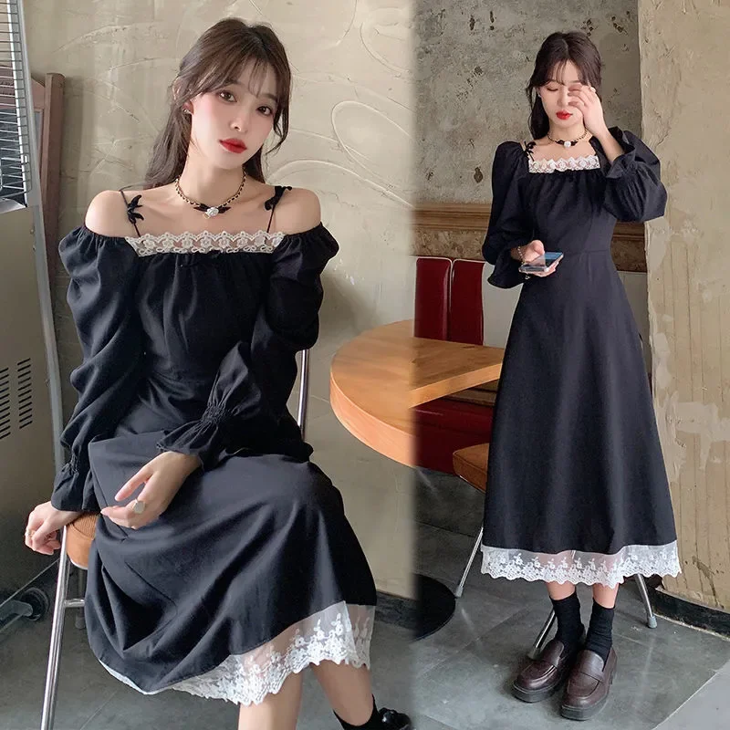 

Women Elegant Wait Lace Black Midi Dress Summer Female Office Lady Casual Korean Fashion Long Dresses Clothes for Women Vestidos