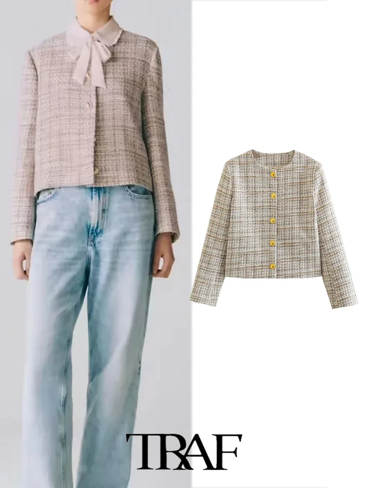 

TRAF Women Blazer 2023 New Fashion Blazer Coat Ribbed Plaid Short Elegant Long Sleeve Suit Coat Casual Blazer