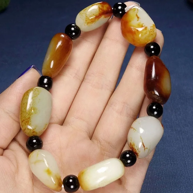 

Natural Blue White Hand Carved Seed Material Original Stone with Shape Bracelet Fashion Men's and Women's White Jade Bracelet