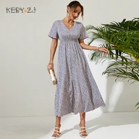 keby zj summer dress women 2022 fashion blue white v neck short sleeves polyester clothes casual floral print midi dress