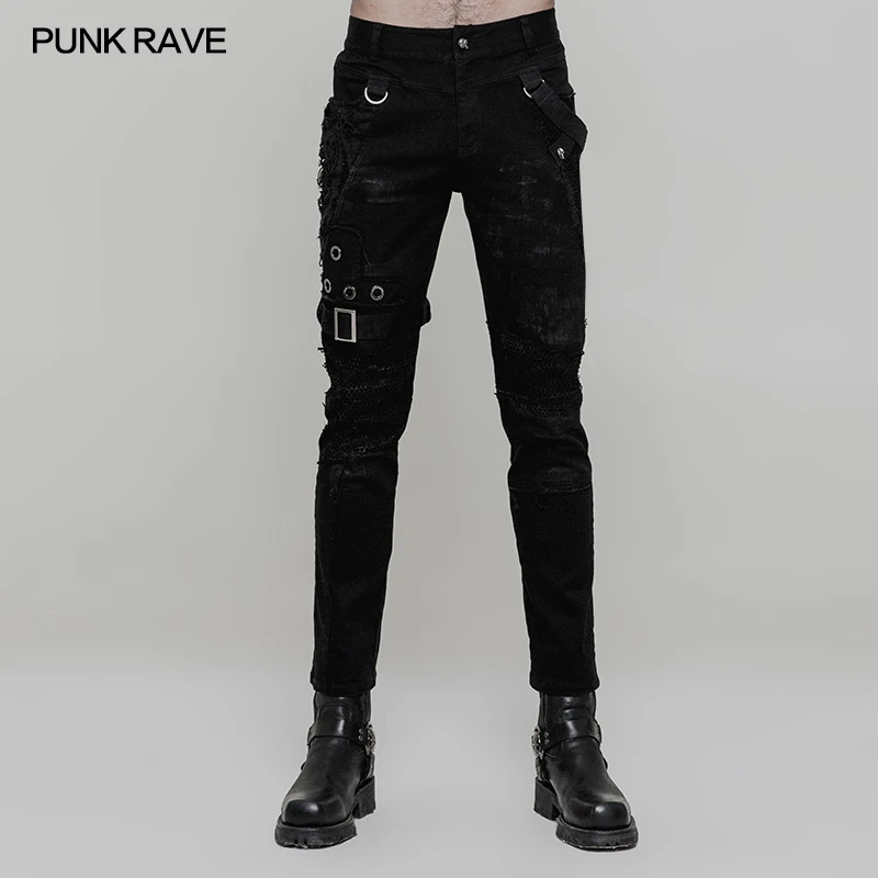 PUNKRAVE Men's  Pants Punk Personality Dilapidated Trousers Streetwear Elastic Twill Mesh Spliced Fit Casual Pencil Pants