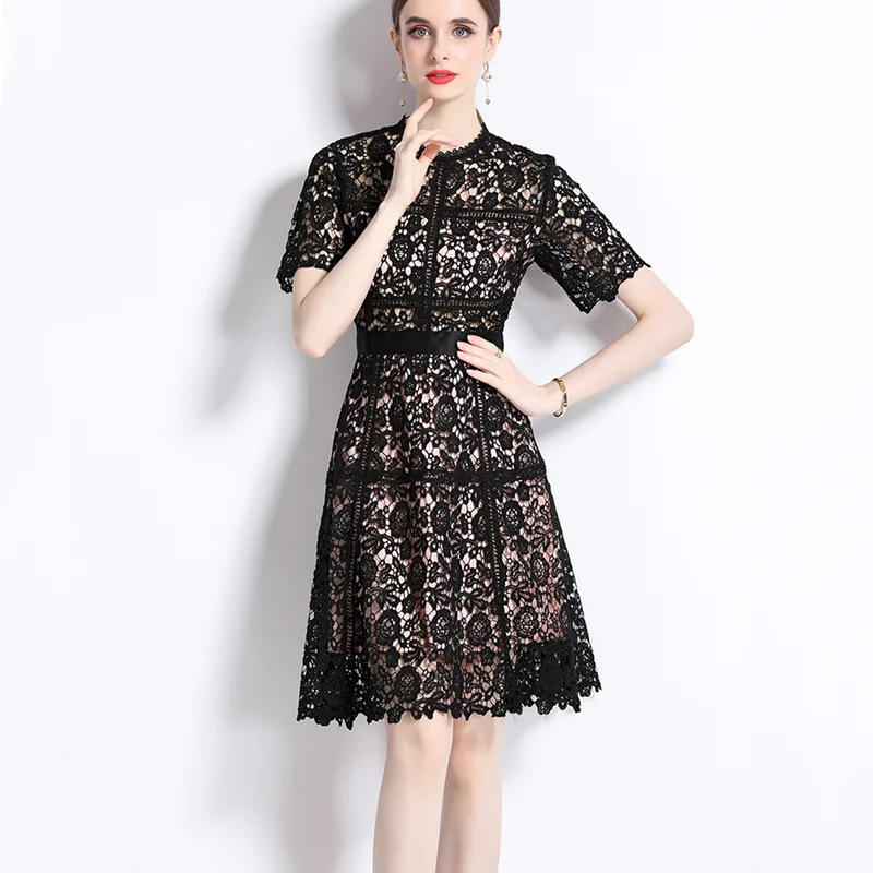 

Женское кружевное платье с вышивкой, однотонное ажурное платье миди с коротким рукавом, круглым вырезом и высокой талией в стиле пэчворк на лето