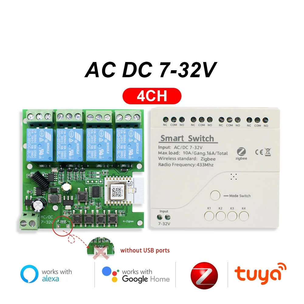 

Плата релейная Zigbee Tuya Smart, модуль 12 в 24 в 2 канала 1 канал 4 канала сухой контакт 1 2 4-канальный приемник RF433, работает с Alexa Google Home