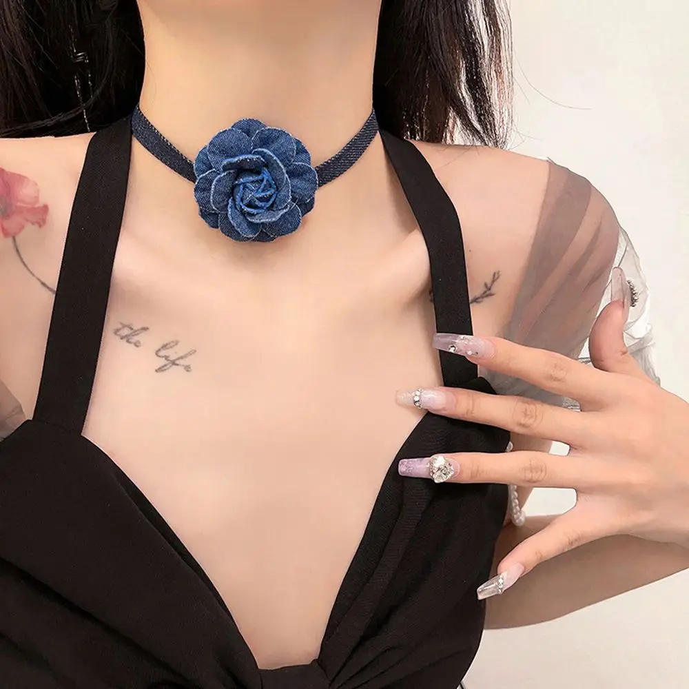 

Korean Style Blue Rose Flower Necklace Elegant Women Fabric Clavicle Chain Delicate Girl Choker Fashion Jewelry