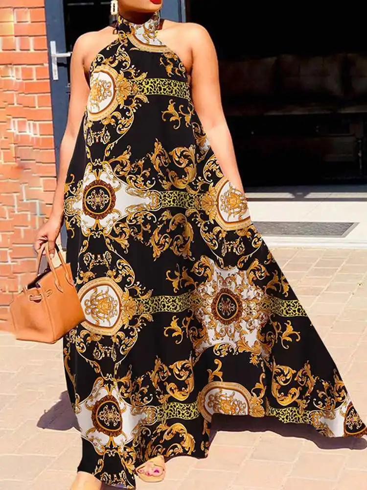 

VONDA женское повседневное летнее макси-платье 2022 без рукавов, женские богемные платья с лямкой на шее, праздничный сарафан с открытыми плечам...