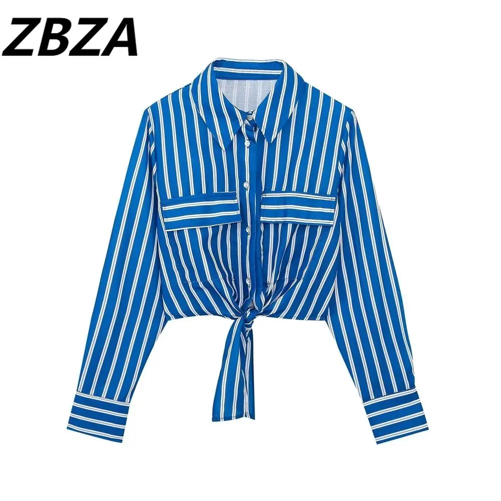 

ZBZA Women 2023 New Fashion Knot Decoration Short Paragraph Blouses Vintage Long Sleeve Button-up Female Shirts Chic Tops