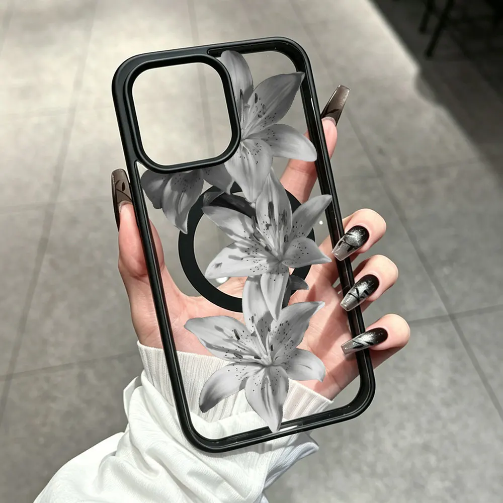 Фото Минималистичный силиконовый акриловый чехол с цветочным узором для iPhone 15, 17, 16 Pro Max, 14, 13, 12, 11, 16, 14, 15 Plus, 17 Air, черный, белый, с лилиями №1