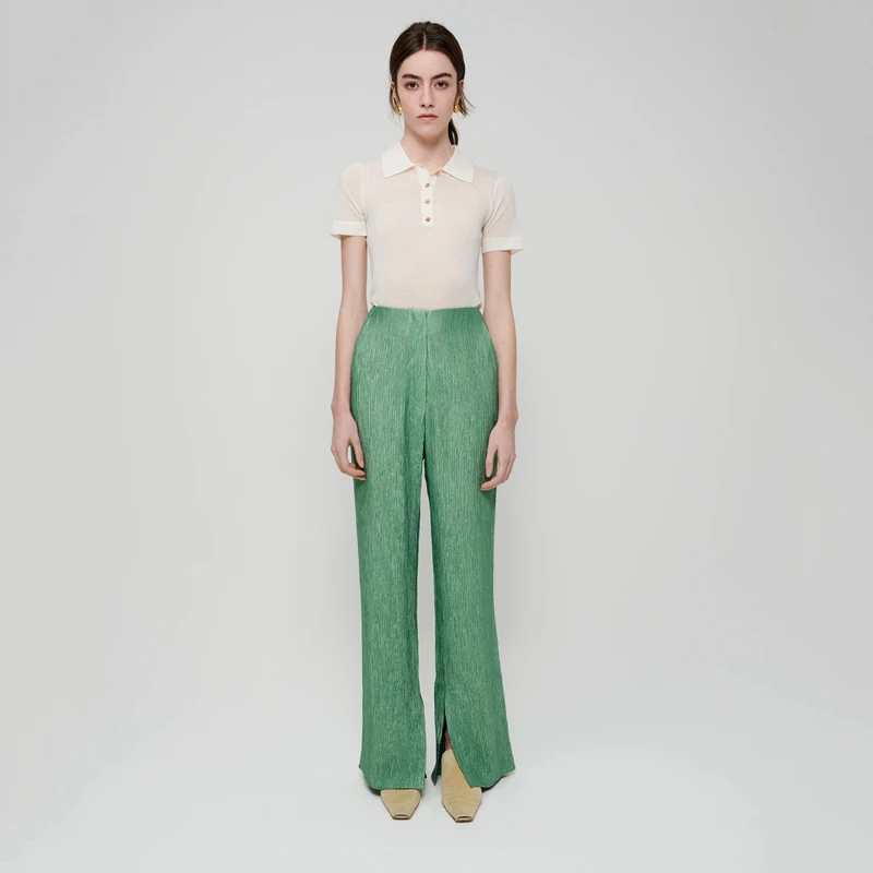 

2022 summer new temperament commuter women's straight green trousers, niche high street high waist slim slit flared trousers