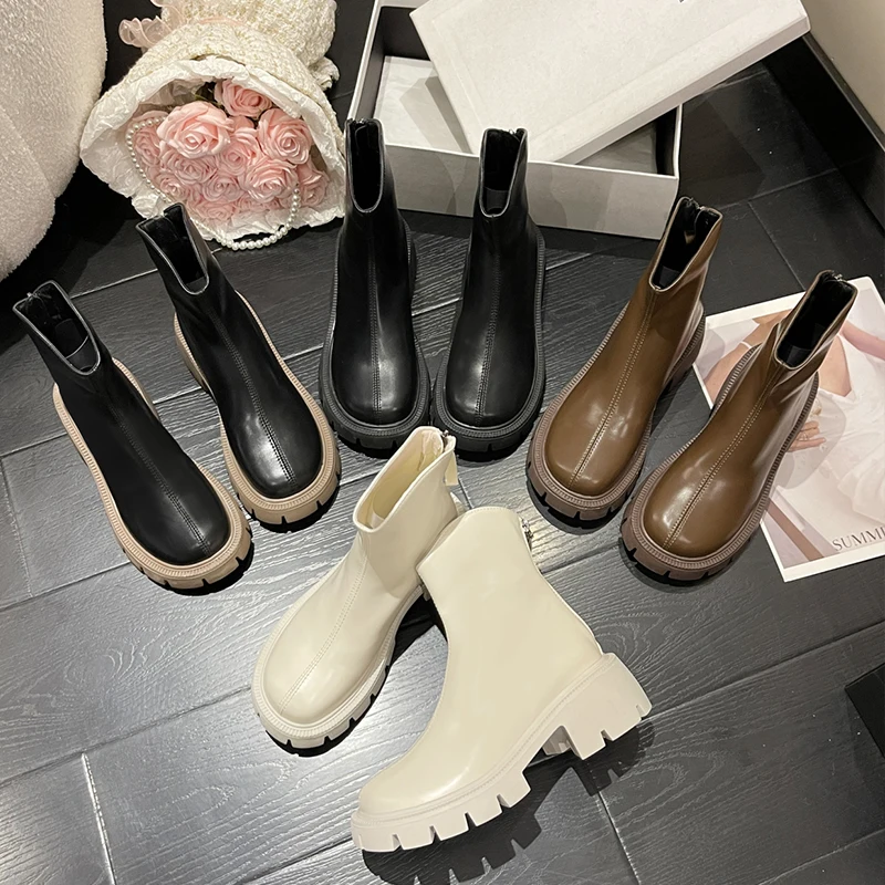 

Ladies Modern Short Booties 2022Ankle Chelsea Boots For Women Fashion British Style Round Toe Low Heel Rubber Female Shoes