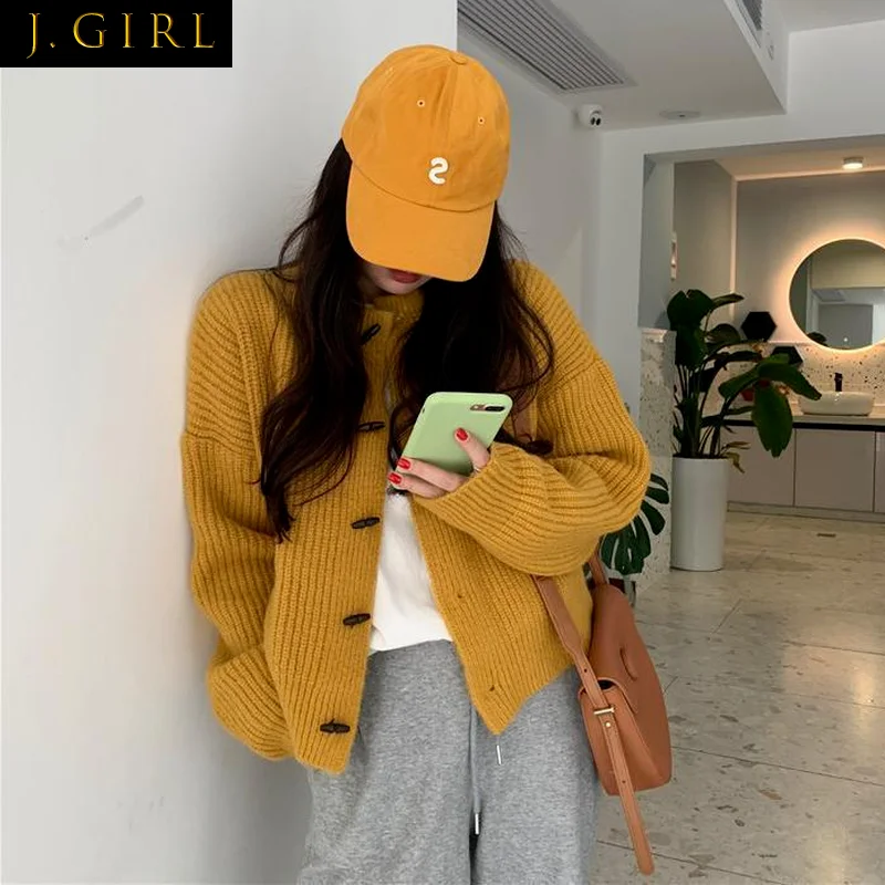 

Jackets Women Loose Single Breasted Retro Casual Outerwear Warm Solid Color Buttons Trendy Female Long Sleeve Knitting Korean