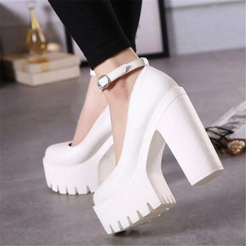 Woman Thick High Heels Shoes Ladies Sexy Platform Pumps Gothic Punk Style Ankle Strap Casual Shoes Ruslana Korshunova Model Pump