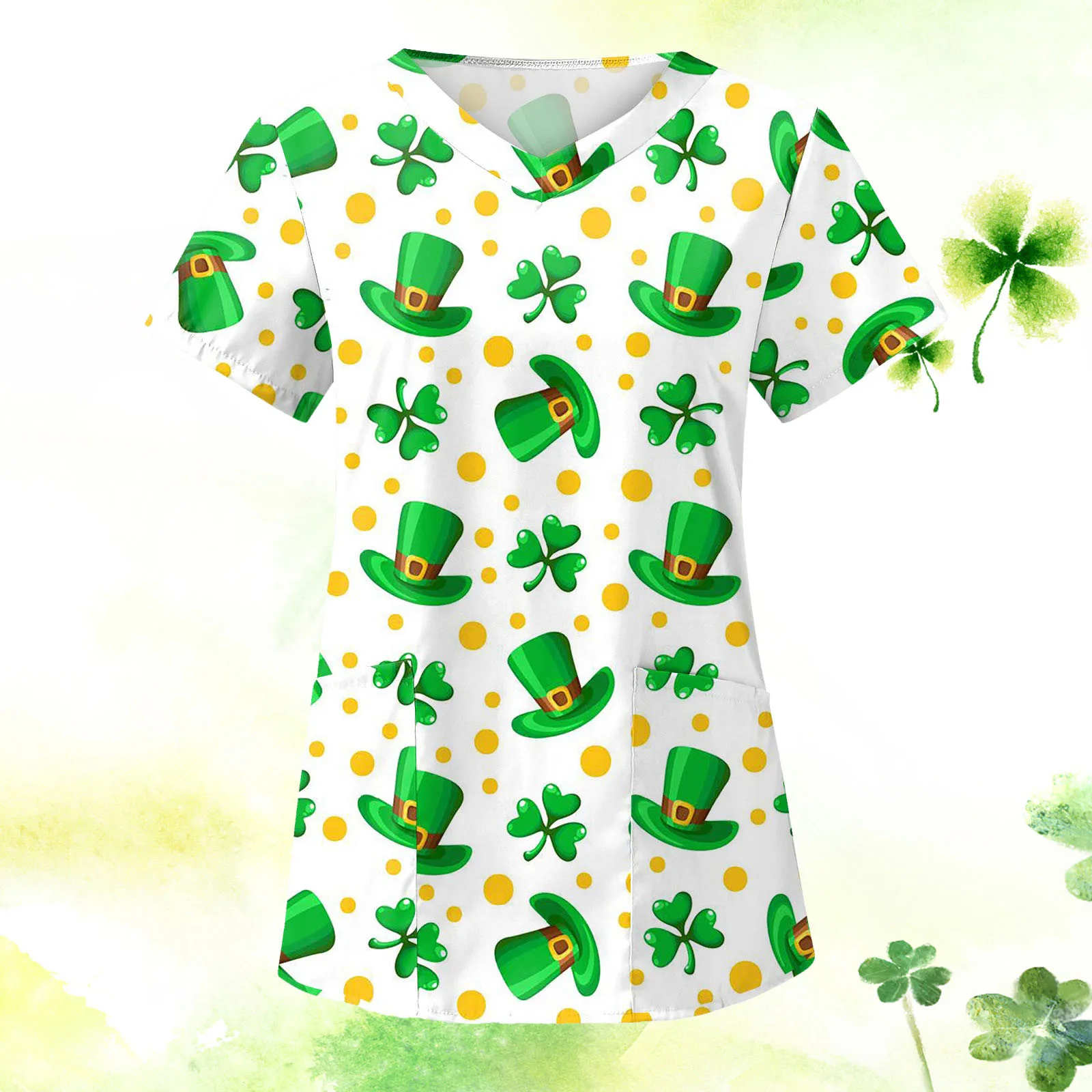 

Fashion St. Patrick Day Women Working Uniform Blouse Shirt Short Sleeve Neck Tops Nursing Clothes Scrubs Women Uniform Nurse