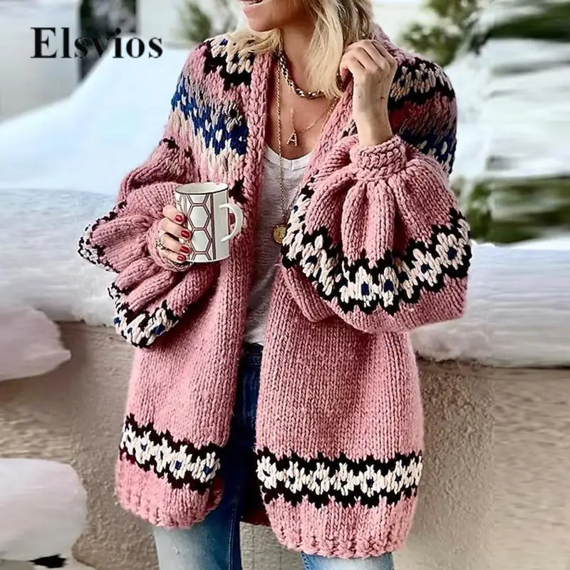 

Vintage Patchwork Color Wave Knited Cardigan Elegant Lantern Sleeve Lady Office Sweater Outwear Women's Casual Fashion Knit Coat