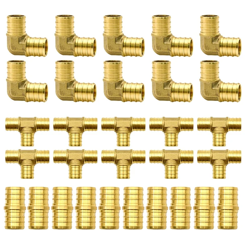 

30Pcs 3/4Inch Brass Fittings TEE Coupler Reducer Crimp Cinch, Brass Crimp Fitting Combo with Tees"T" ,Elbows,Couplings