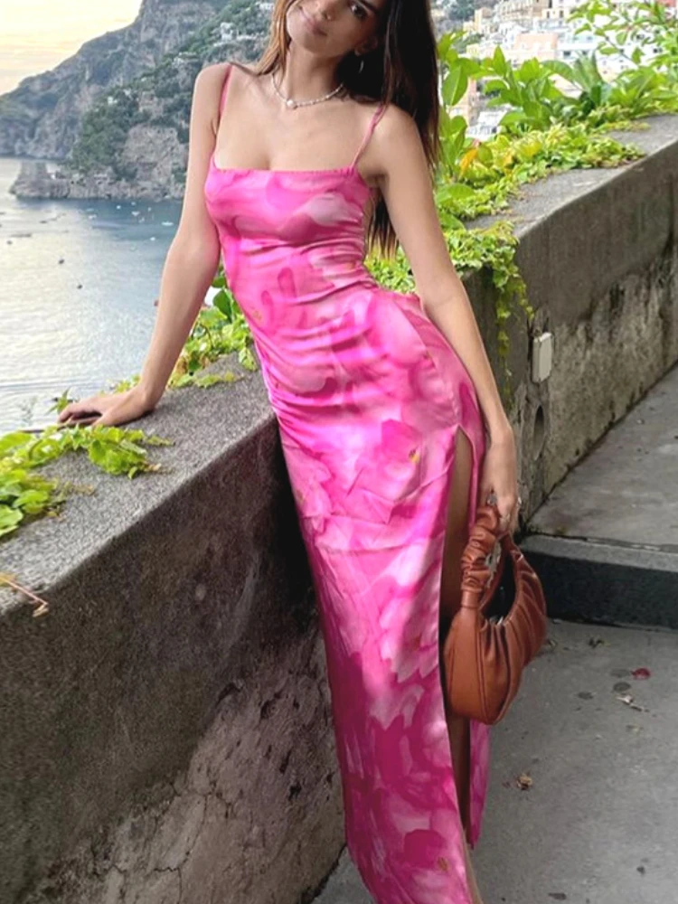 

Backless Sexy Suspender Printed Dress for Women 2022 Cross-border Tight Party Holiday Long Maxi Robe Satin Bodycon Summer Dress