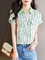 korean fashion women shirts v neck print vintage top button up shirt short casual shirts summer 2022 ladies tops ol womens tops