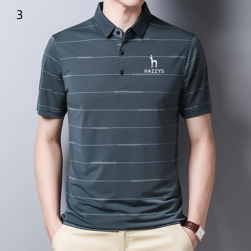 

Hazzys Golf Short Sleeve T-shirt Men's Ice Silk Lapel Men's Polo Shirt Striped Summer Golf T-shirt