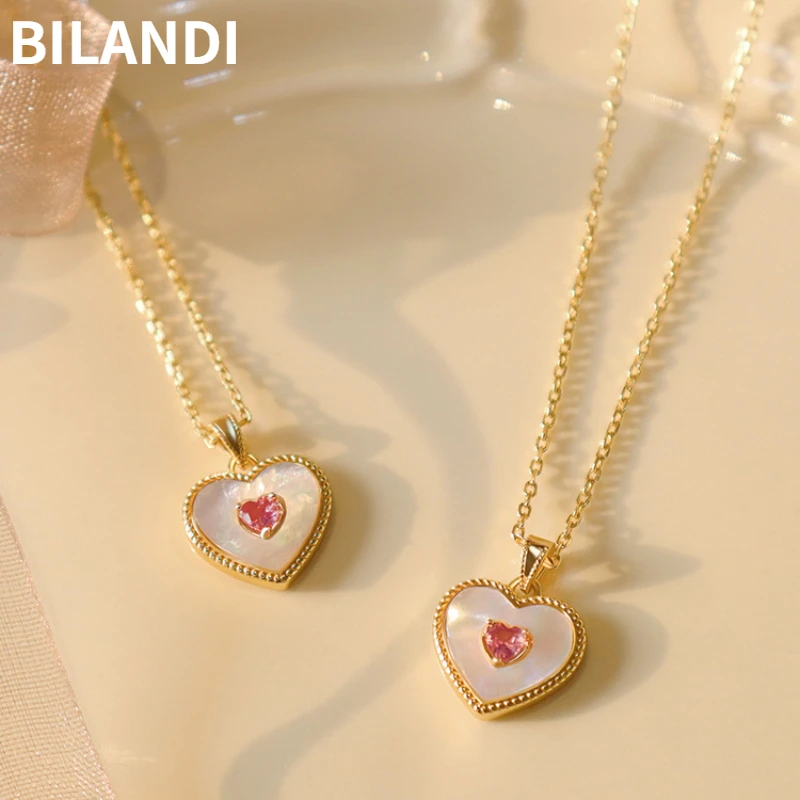 

Bilandi Sweet Temperament Shell Heart Pendant Necklace Popular Jewelry Metal One Layer Gold Color Chain Necklace For Women Girl