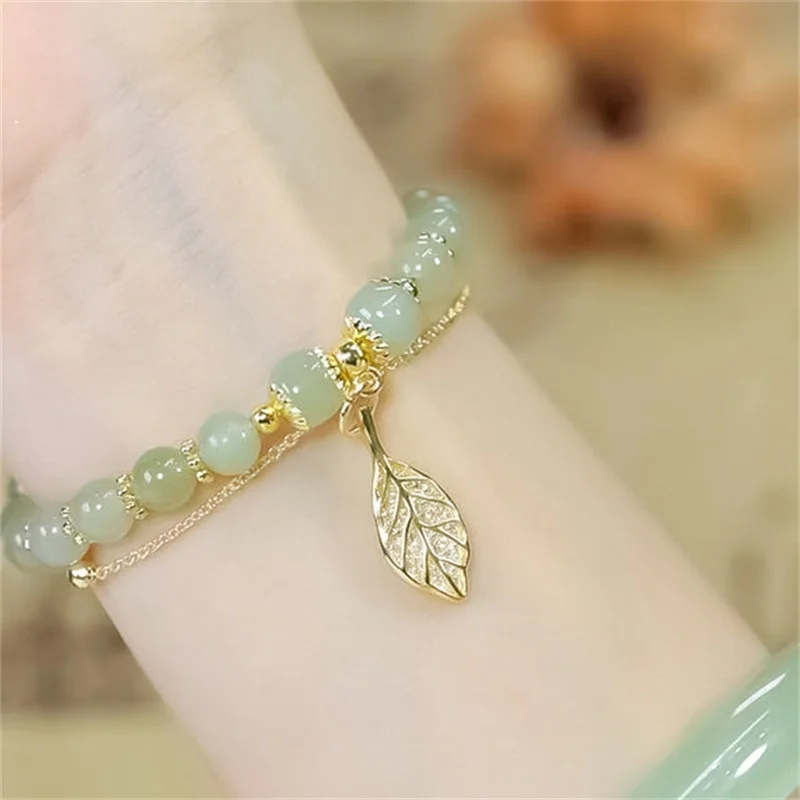 

Hetian Jade Gold Leaf Bracelet Full String of Golden Branches Jade Leaves Double-Layer Bracelet Light Luxury Girlfriend Gift