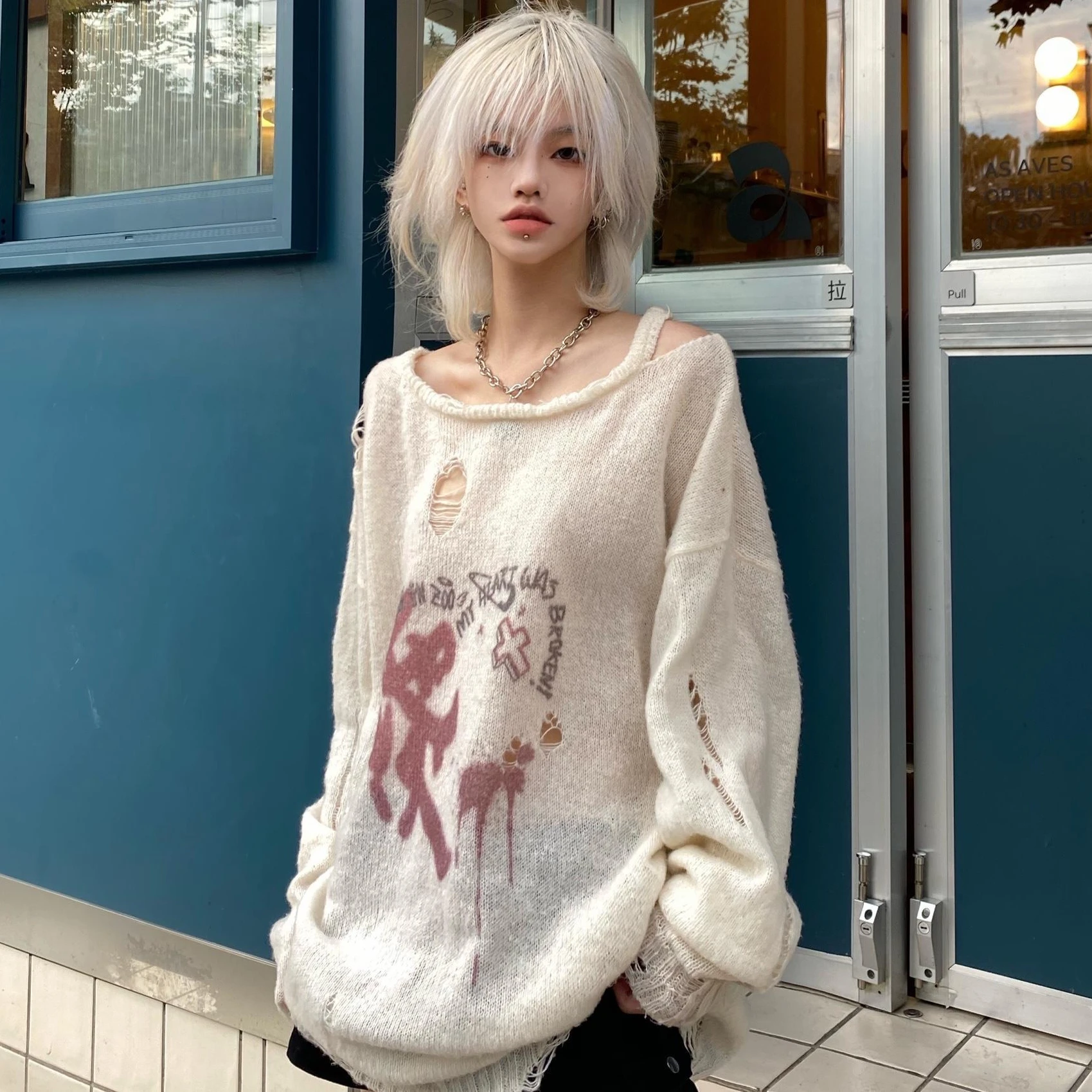 

knitwear Mens Women's Sweaters Hip Hop hole love graffiti loose long sleeve sweater thin tops casual streetwear pullover