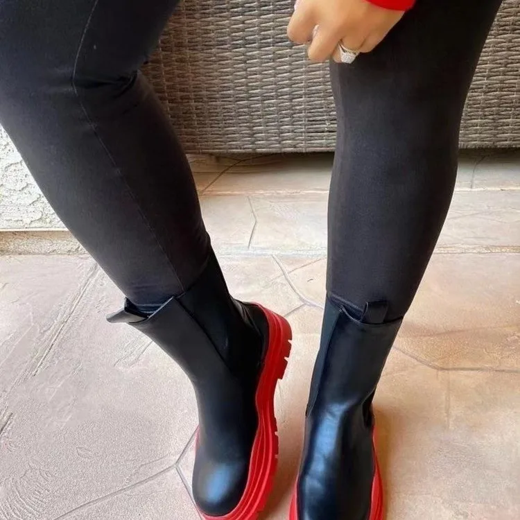Thick Sole Wedge Heel Chelsea Boots Net Red Chimney Boots Stretch Cloth Black Platform Boots Large Size Fashion Winter Boots