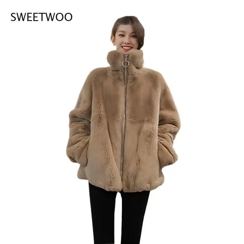 2021 New Winter Women's Loose Imitation Mink Leather Zipper Cardigan Coat Streetwear Warm Thicken Winter Faux Fur Coat Women