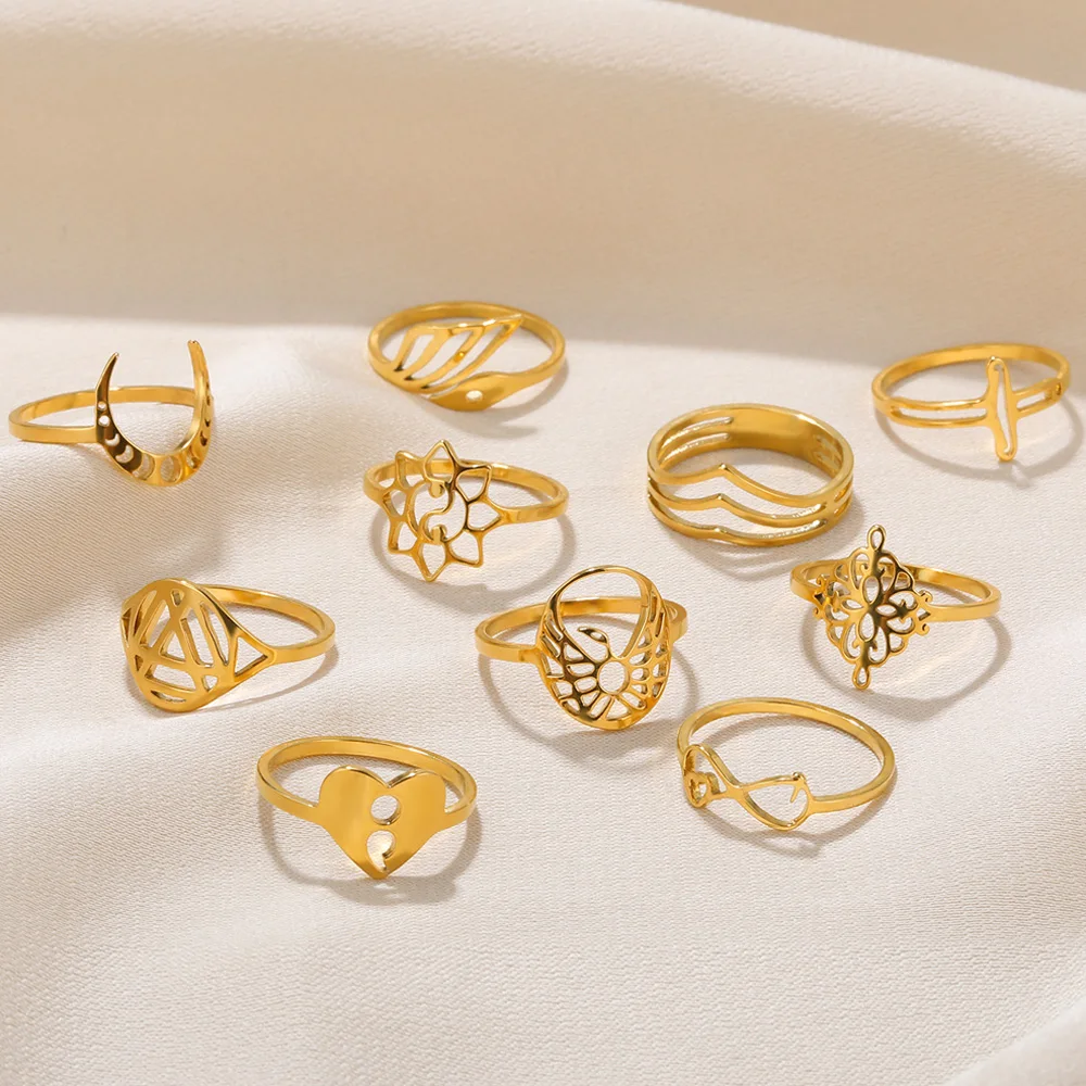 

Stainless Steel Rings For Women Punk Moon Waterproof Jewelry Hipster Lotus Round Heart Ring Gold Color Hollow Oval Jewelry Gift