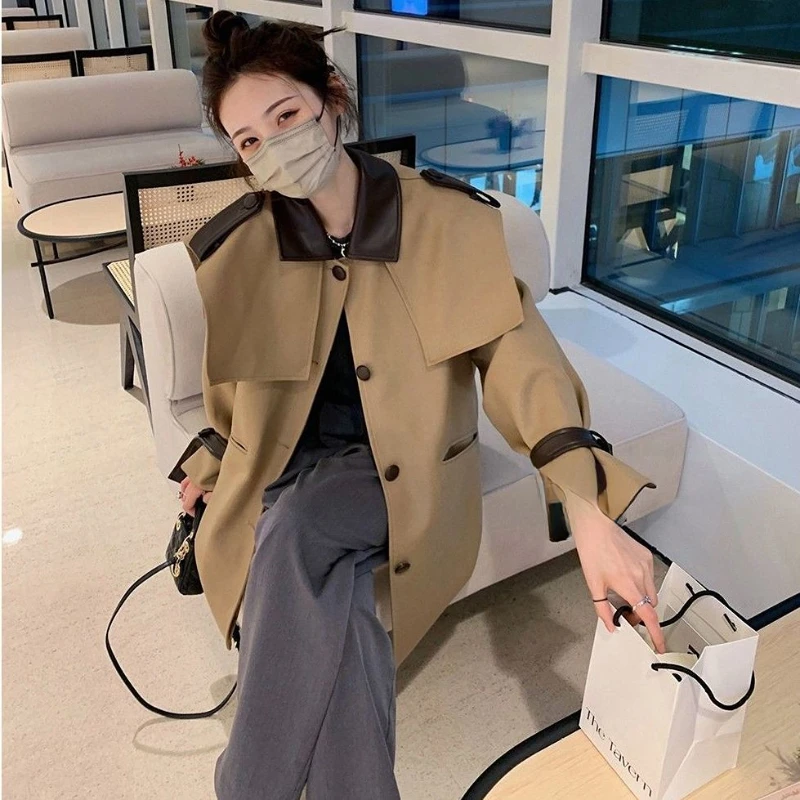 

Ветровка женская средней длины, свободный тренчкот с карманами и поясом, повседневное пальто на пуговицах, G308, осень