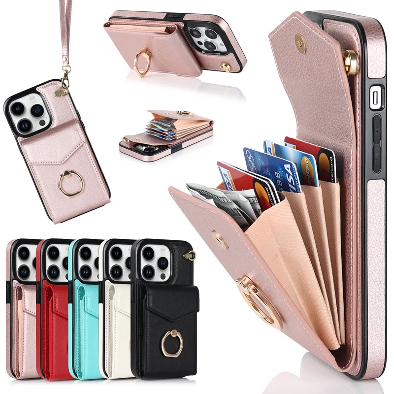 

Ultra Thin Suede Leather Wallet Case for iPhone 11 12 13 14 Pro Max Finger Strap Flip Cover Strong Magnet