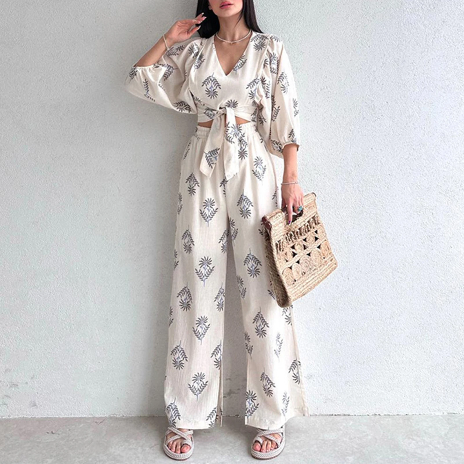 

Puff Sleeve Summer 2 Pieces Set V Neck Women Printed Shirt Top Pants Navel Exposed Elastic Waisted Loose Fit Vacation Outfit